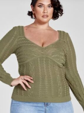 Fashion to Figure Olive Green Cable V-Neck Sweater